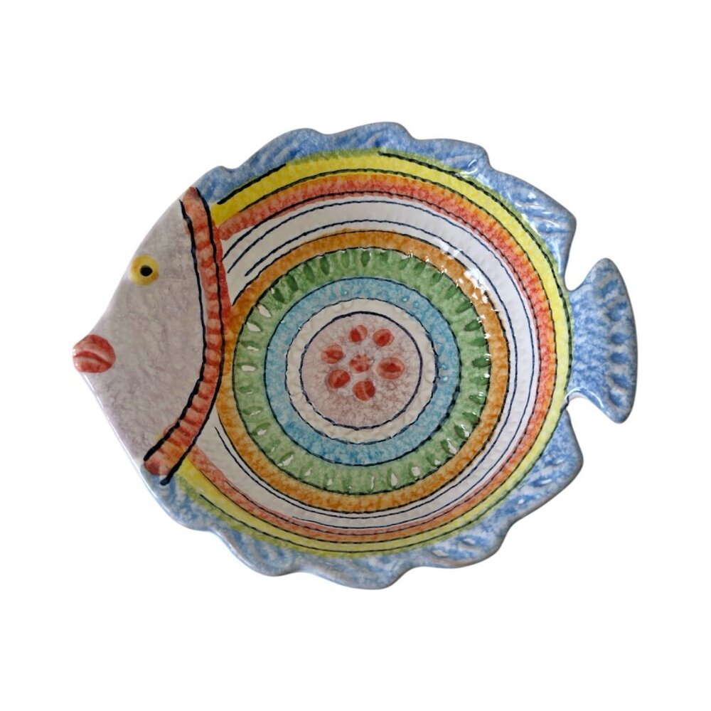 Italica Hand Painted Pottery Fish Shaped Rainbow Circles Vtg 7.25 x 6x 2.25